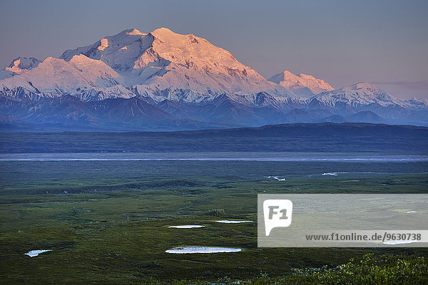 Blick auf den schneebedeckten Mount McKinley bei Sonnenuntergang  Denali National Park  Alaska  USA