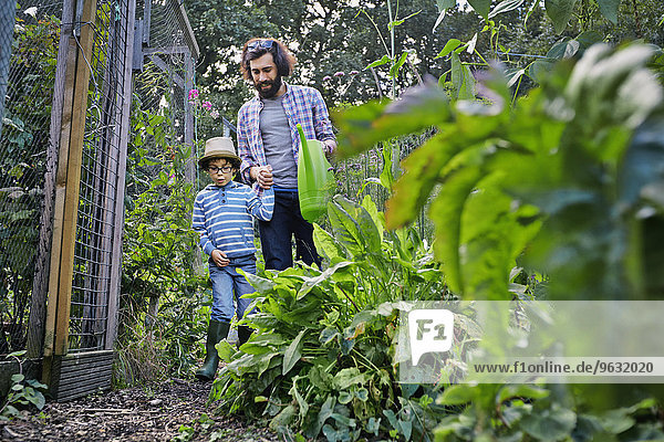 Vater und Sohn bewässern Pflanzen auf dem Grundstück
