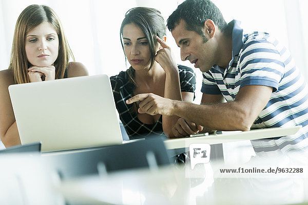 Colleagues having discussion using laptop