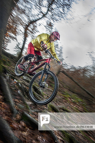 Mountain biker riding downhill in a forest