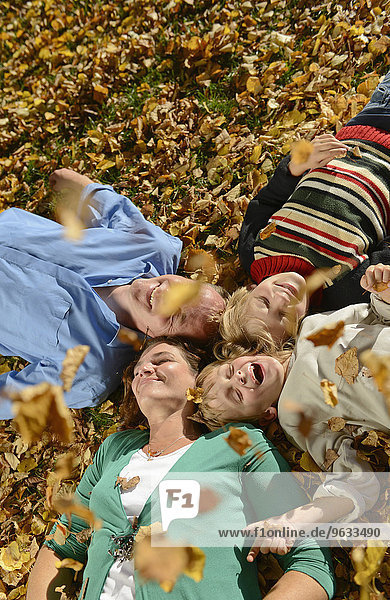 Family lying on autumn leaves  smiling