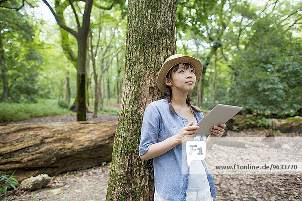 junge Frau junge Frauen halten Wald Tablet PC