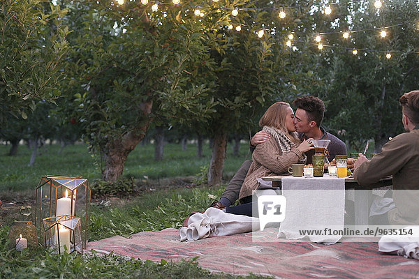 An apple orchard in Utah. Couple sitting on the ground  kissing  food and drink on a table.