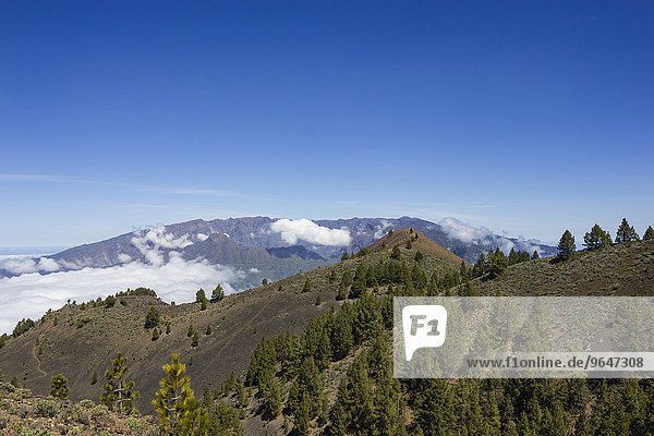 'Vulkanlandschaft  dahinter Caldera de Taburiente  ''Ruta de los Volcanes''  Wanderweg  Vulkanroute  Naturpark Cumbre Vieja  La Palma  Kanarische Inseln  Spanien  Europa'