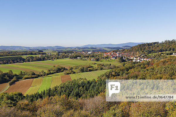 Ausblick von der Burgruine Landsee zum Ort Landsee  Naturpark Landseer Berge  Mittelburgenland  Burgenland  Österreich  Europa