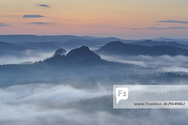 Ausblick vom Kleinen Winterberg zu den Lorenzsteinen zur Morgendämmerung  Elbsandsteingebirge  Sächsische Schweiz  Sachsen  Deutschland  Europa
