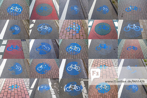 Collage of cycle track markings on a pavement  partly worn away