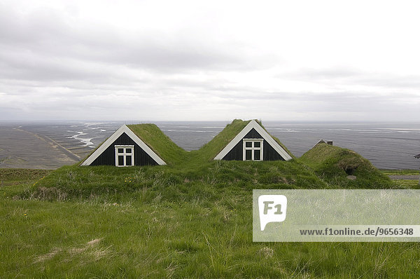 Typische Holzhäuser  mit Gras gedeckt  Skaftafell  Island  Europa