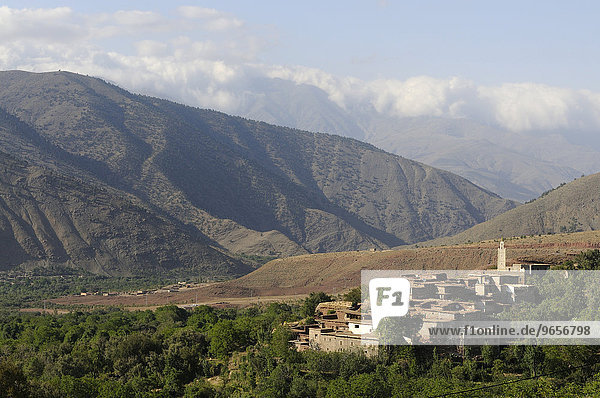 Blick auf ein Bergdorf am Tiz n'Test Pass im Hohen Atlas  Marokko  Afrika