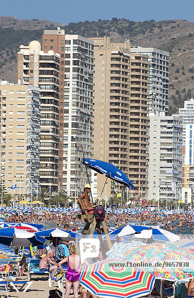 Rettungsschwimmer auf seinem Posten an der Playa Levante  Benidorm  Costa Blanca  Spanien  Europa