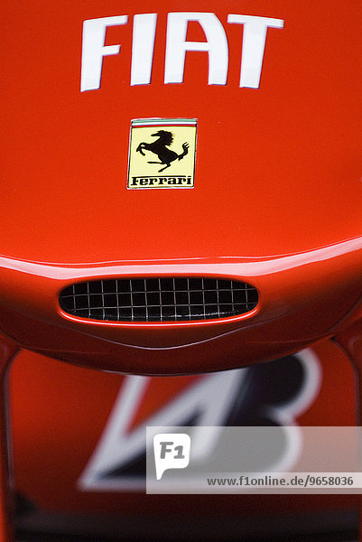 Ferrari logo on the hood of a Formula 1 race car