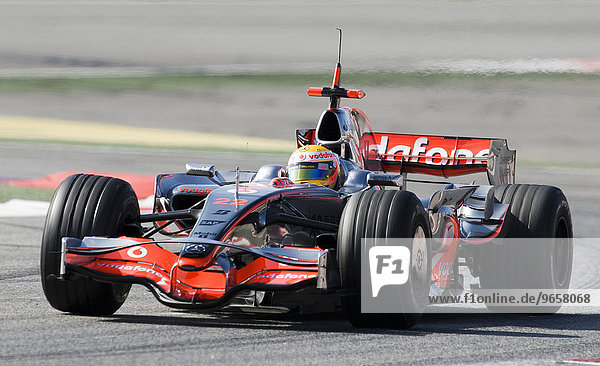 Driver Lewis Hamilton in his McLaren Mercedes Formula 1 race car on the Circuit de Catalunya race track in Barcelona  Spain  Europe
