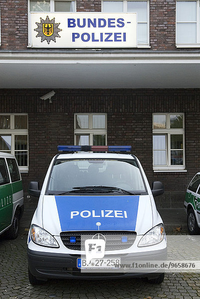 New blue police car in front of a German police station at Duesseldorf Central Station  Duesseldorf  North Rhine-Westphalia  Europe