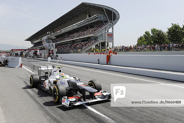 Sergio Perez  MEX  driving the Sauber C31  at the end of the pit lane  during the qualifying for the Spanish Grand Prix  Circuit de Catalunya race course in Montmelo  Spain  Europe