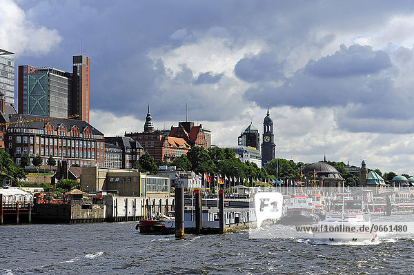 Jetties and tower of the Church of St. Michael's  St. Pauli  Hamburg  Germany  Europe