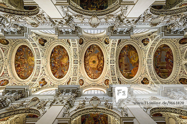 Stuckierung und Fresken im Mittelschiff  barocker Dom St. Stephan  auch Stephansdom  Passau  Niederbayern  Bayern  Deutschland  Europa