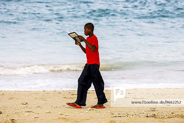School boy walking along the beach  reading a school book  Comoros  Africa