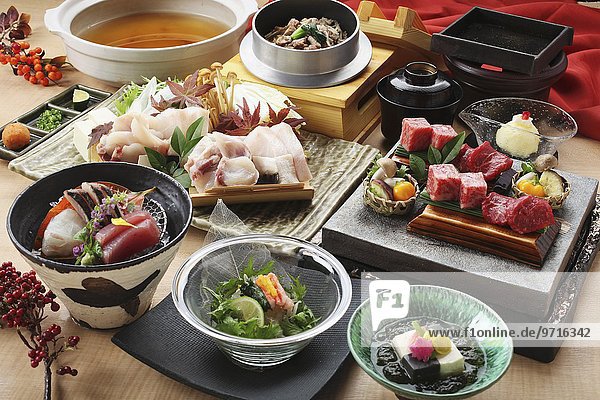 Traditionelle Gerichte aus Japan: Rindfleisch  Hähnchen  Tofu  Sashimi und Salat