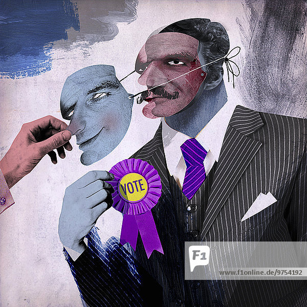 Mann entfernt eine Maske von einem unehrlichen Politiker