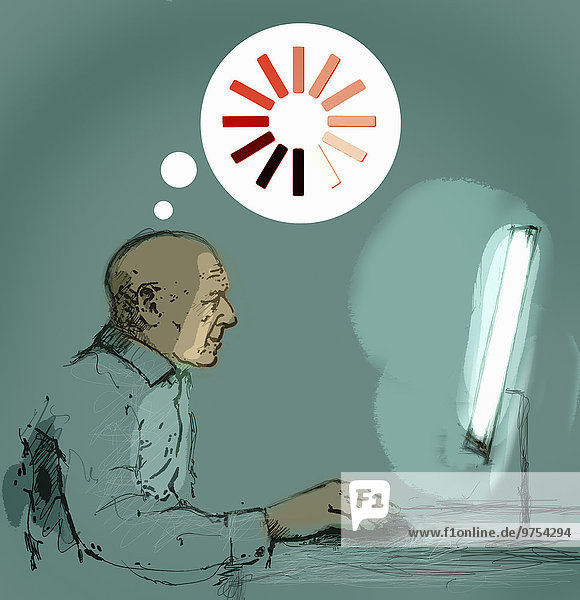 Älterer Mann benutzt einen Computer und denkt über loading-Icon nach