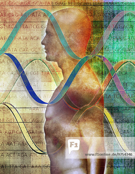 Menschlicher Körper mit Helix-Muster und genetischem Code