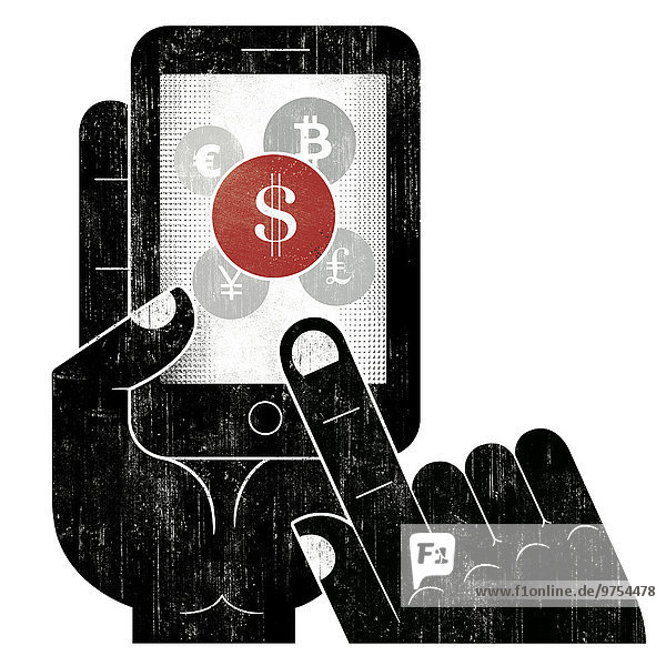 Hand choosing dollar sign currency on smart phone screen
