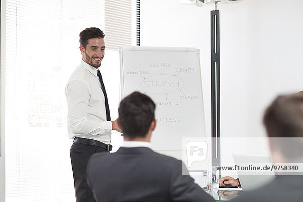 Businessman in boardroom leading a meeting with flip chart