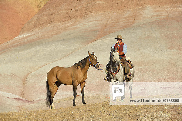 USA  Wyoming  Cowboy mit zwei Pferden in Badlands