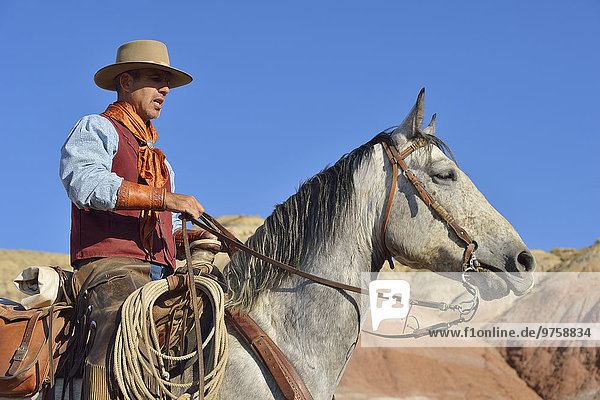 USA  Wyoming  Cowboy auf seinem Pferd in Badlands