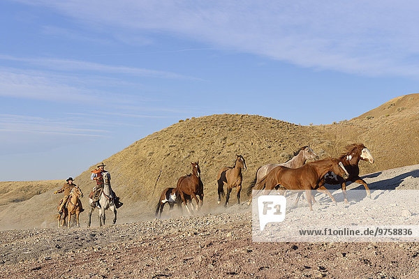 USA  Wyoming  zwei Cowboys hüten Pferde in Badlands
