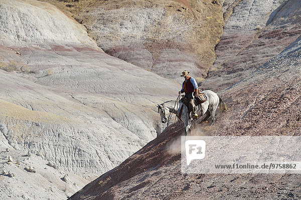 USA  Wyoming  cowboy riding downwards in badlands