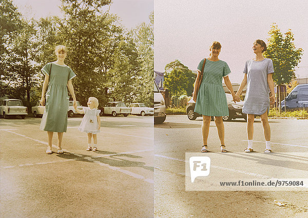 Mutter und Tochter ab und zu Fotos  die Hand in Hand auf dem Parkplatz stehen.