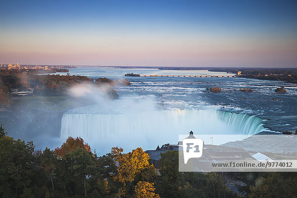 View of Table Rock visitor center and Horseshoe Falls  Niagara Falls  Niagara  border of New York State  and Ontario  Canada  North America