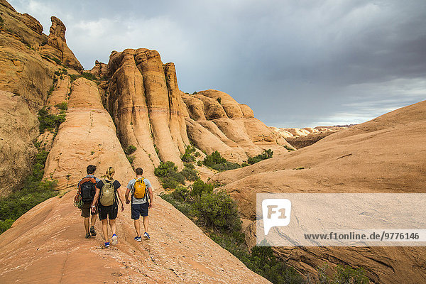 Trekkers walking along the Slickrock trail near  Moab  Utah  United States of America  North America