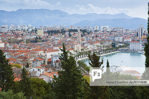 View of harbour and town centre showing the steeple of the cathedral of St. Duje  Split  Dalmatia  Croatia  Europe