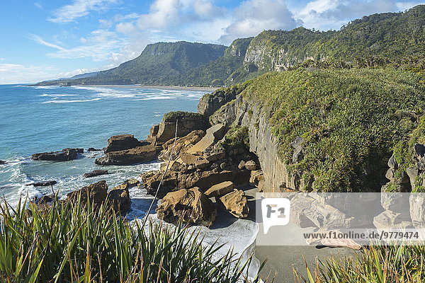 Küste Pazifischer Ozean Pazifik Stiller Ozean Großer Ozean neuseeländische Südinsel Neuseeland Paparoa Nationalpark Punakaiki Westküste