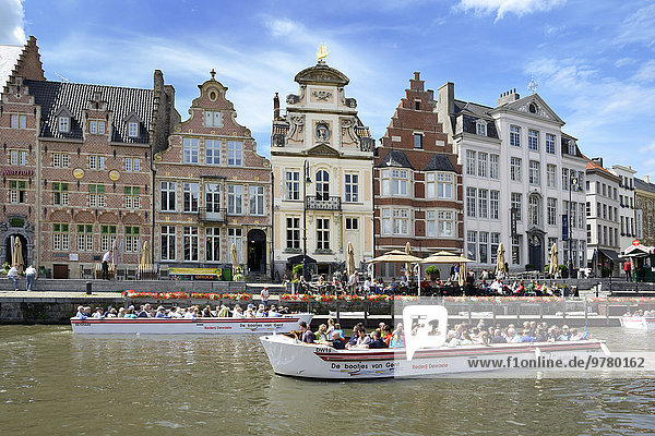 Pleasure boats on the river  looking towards Korenlei quay  Ghent  Flanders  Belgium  Europe