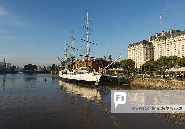 View from the Puente de la Mujer (Bridge of the Woman) of the Museo Fragata Sarmiento and river  Puerto Madero  Buenos Aires  Argentina  South America