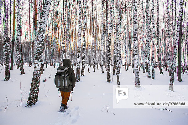 Mixed race man walking in snowy forest