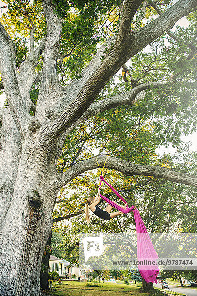 Europäer Baum unterhalb hängen Stoff Mädchen Akrobatik