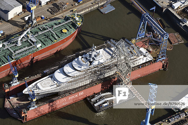 Aerial view  Eclipse  the largest private yacht in the world owned by Russian billionaire Roman Abramovich  at Blohm und Voss shipyard for an overhaul  Hamburg  Germany  Europe