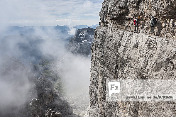 'Climbers on rock band  via ferrata ''Bocchette Centrali''  no. 305  Adamello-Brenta nature park  Brenta group  Dolomites  Trentino  Italy  Europe'