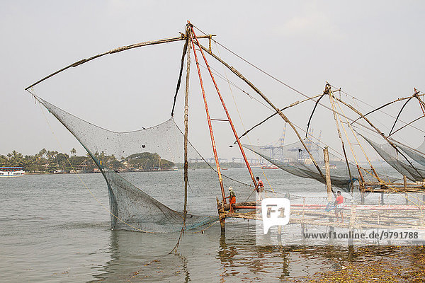 Cheena Valas  chinesische Fischernetze  Fort Kochi  Kochi  Kerala  Indien  Asien