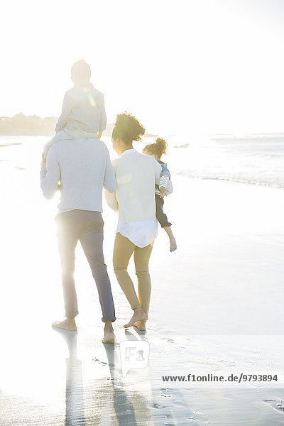 Family walking on beach in sunlight