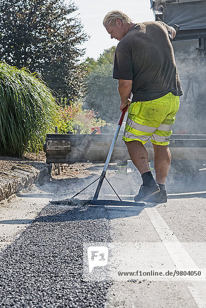 Rear view of construction worker laying tarmac on road