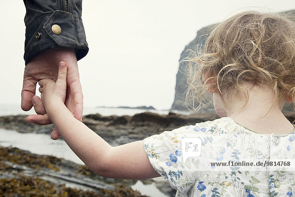 Abgeschnittenes Bild eines weiblichen Kleinkindes,  das beim Spaziergang am Strand die Hand des Vaters hält,  Crackington Haven,  Cornwall