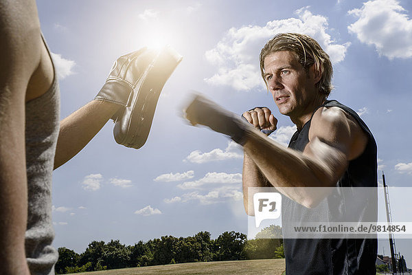 Männer-Boxertraining mit Personal Trainer im Park