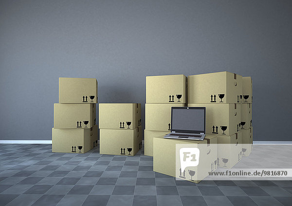 Versandkartons mit Notebook im Raum  3D-Rendering