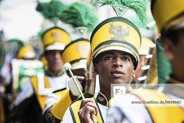 Member of a fanfare band during Brazil's civic parade  independence day September 7  Valença  Rio de Janeiro State  Brazil  South America