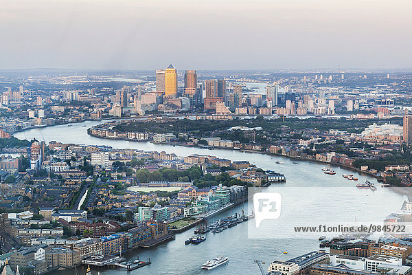 View of the Canary Wharf financial center and the river Thames  London  United Kingdom  Europe